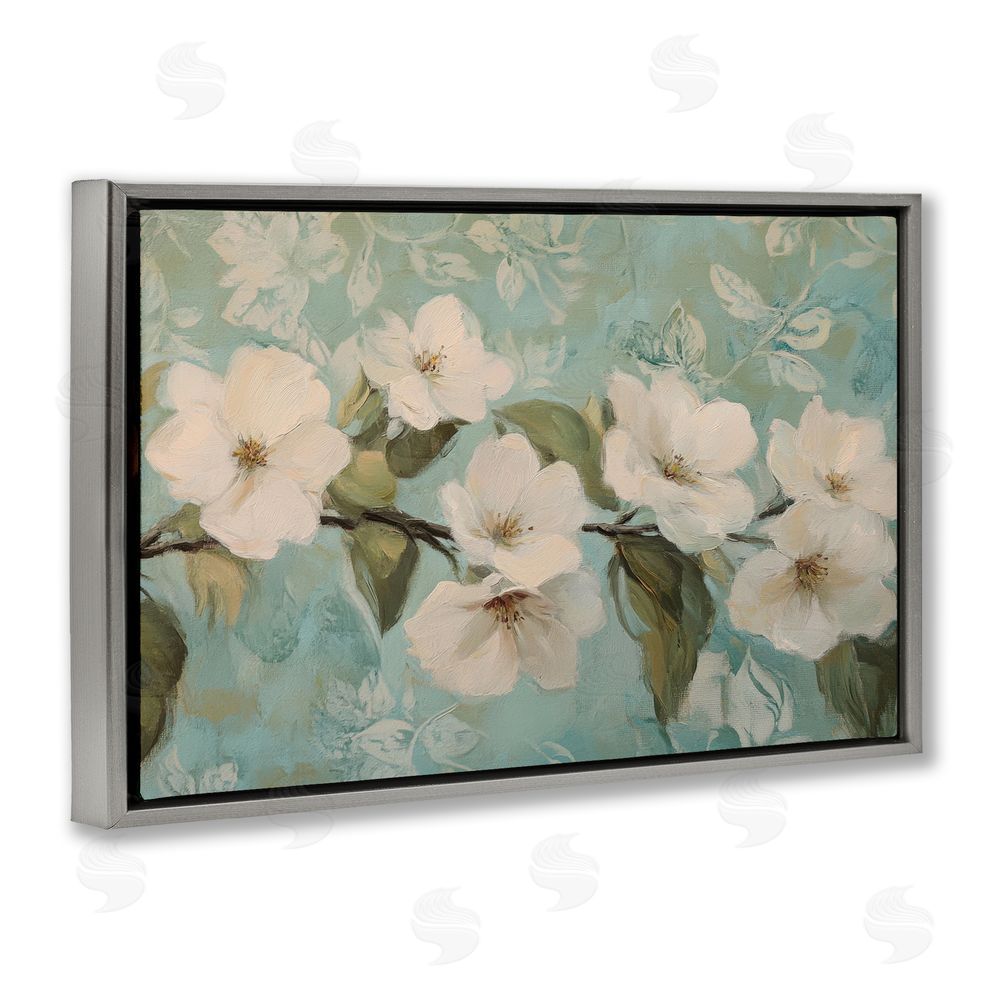 Petal Prints Design Serene Flower Branch Blooms Gray Floating Framed Canvas Wall Art Print
