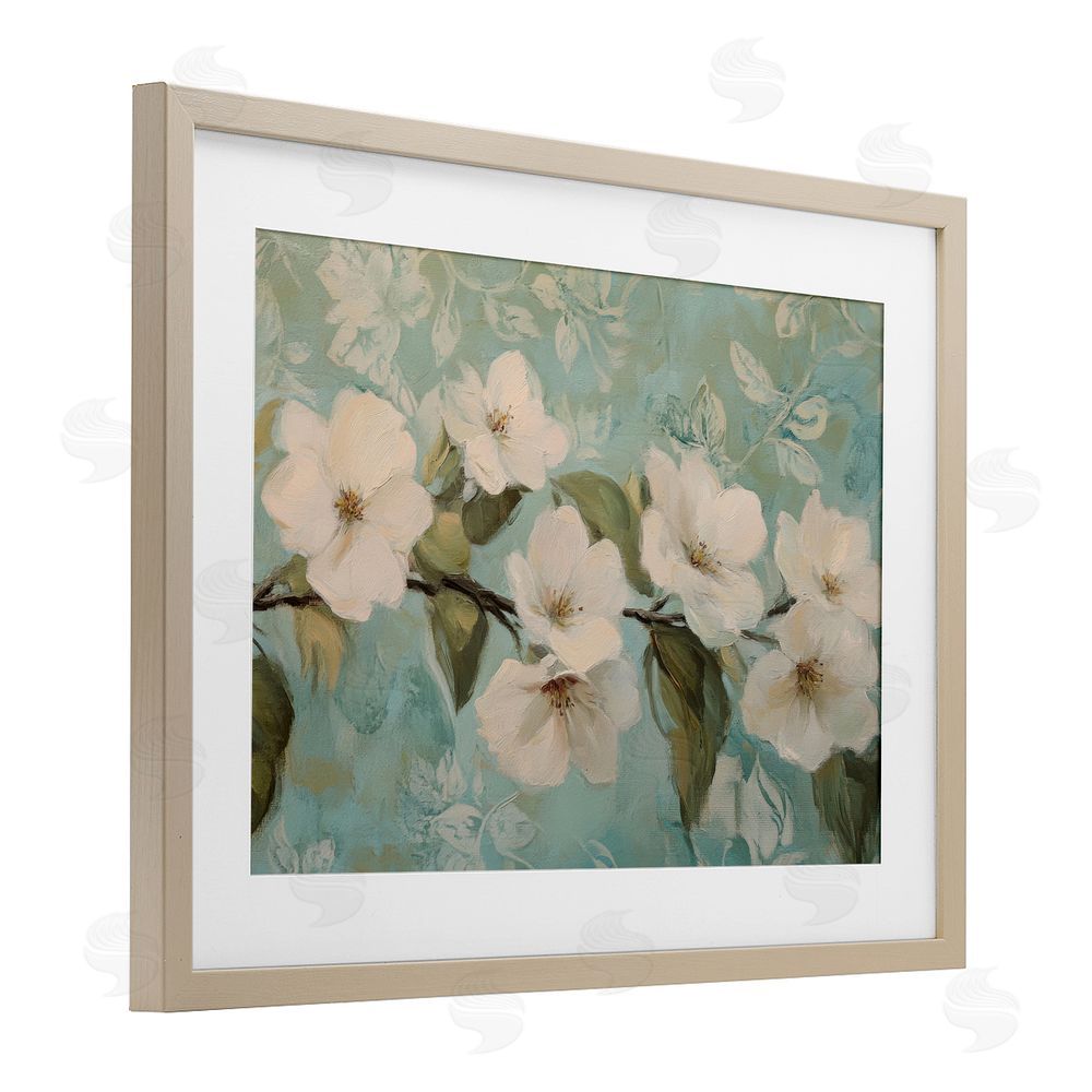 Petal Prints Design Serene Flower Branch Blooms Brown Framed Print Under Glass with White Mat Wall Art