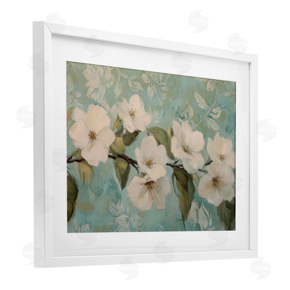 Petal Prints Design Serene Flower Branch Blooms White Framed Print Under Glass with White Mat Wall Art