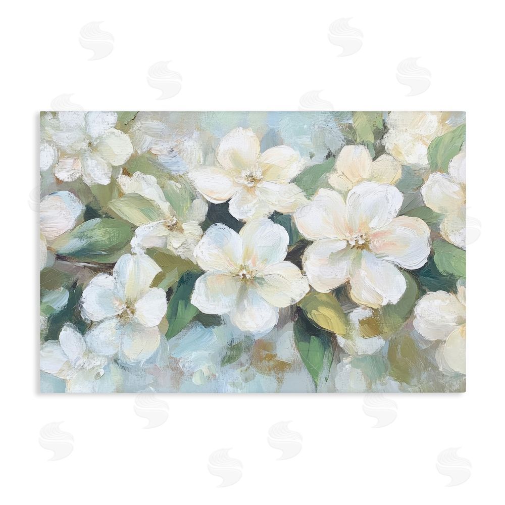 Petal Prints Design Painted White Flowers in Leaves Stretched Canvas Wall Art