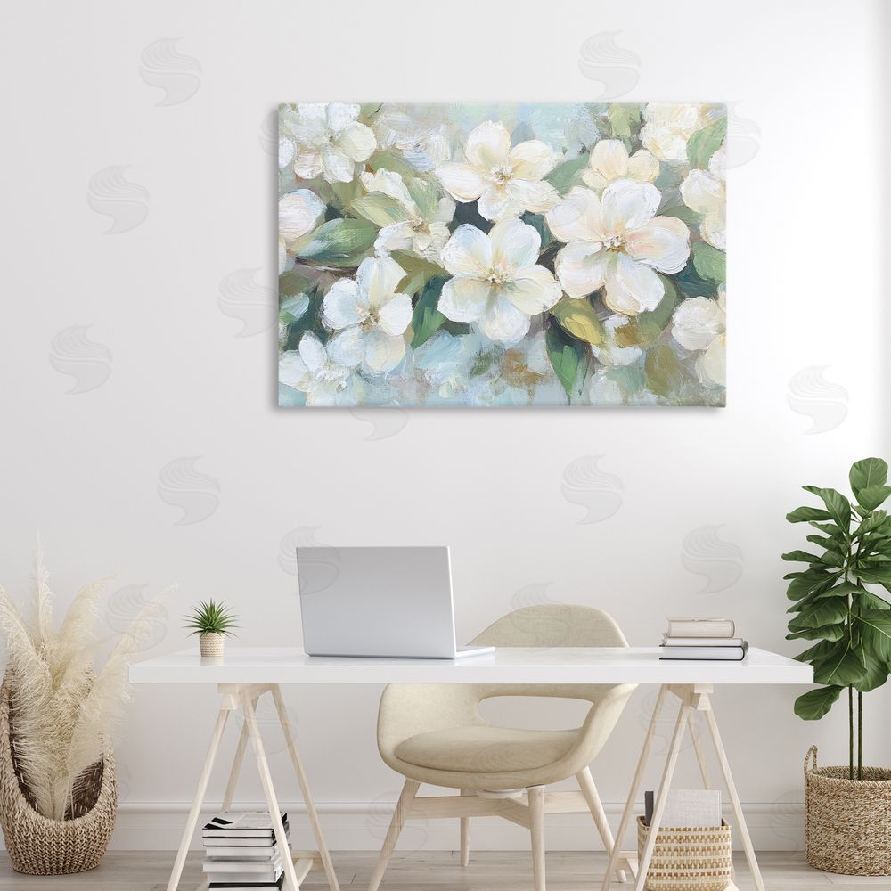 Petal Prints Design Painted White Flowers in Leaves Stretched Canvas Wall Art in Room