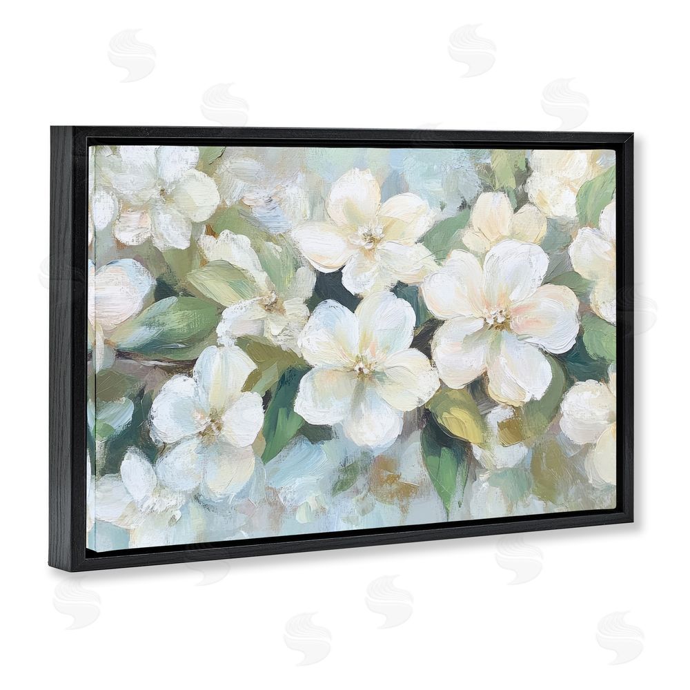 Petal Prints Design Painted White Flowers in Leaves Black Floating Framed Canvas Wall Art