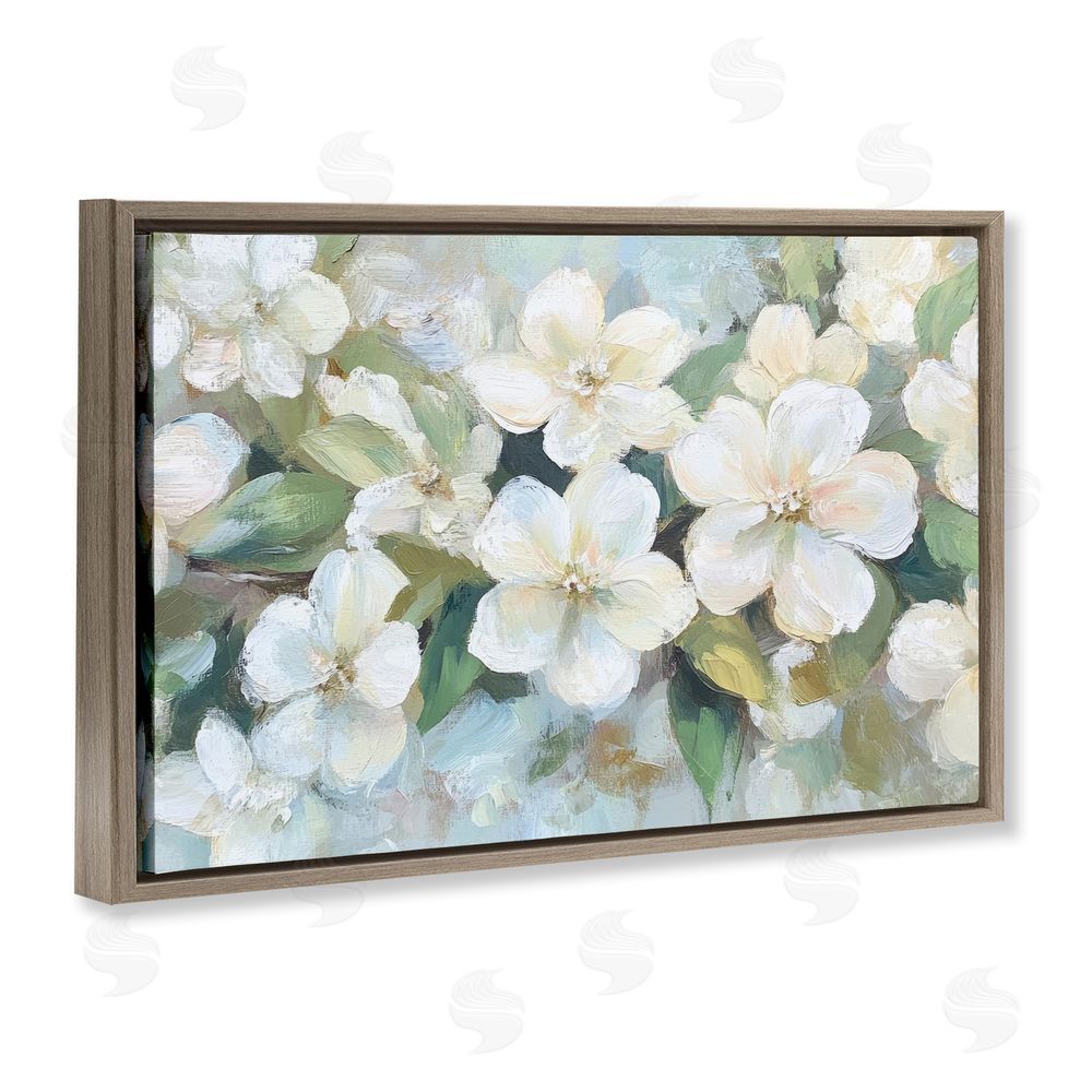 Petal Prints Design Painted White Flowers in Leaves Brown Floating Framed Canvas Wall Art