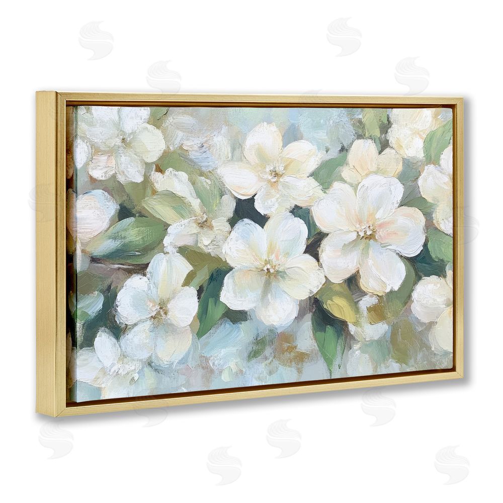 Petal Prints Design Painted White Flowers in Leaves Gold Floating Framed Canvas Wall Art