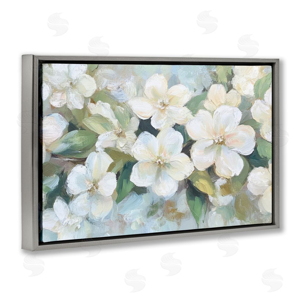 Petal Prints Design Painted White Flowers in Leaves Gray Floating Framed Canvas Wall Art