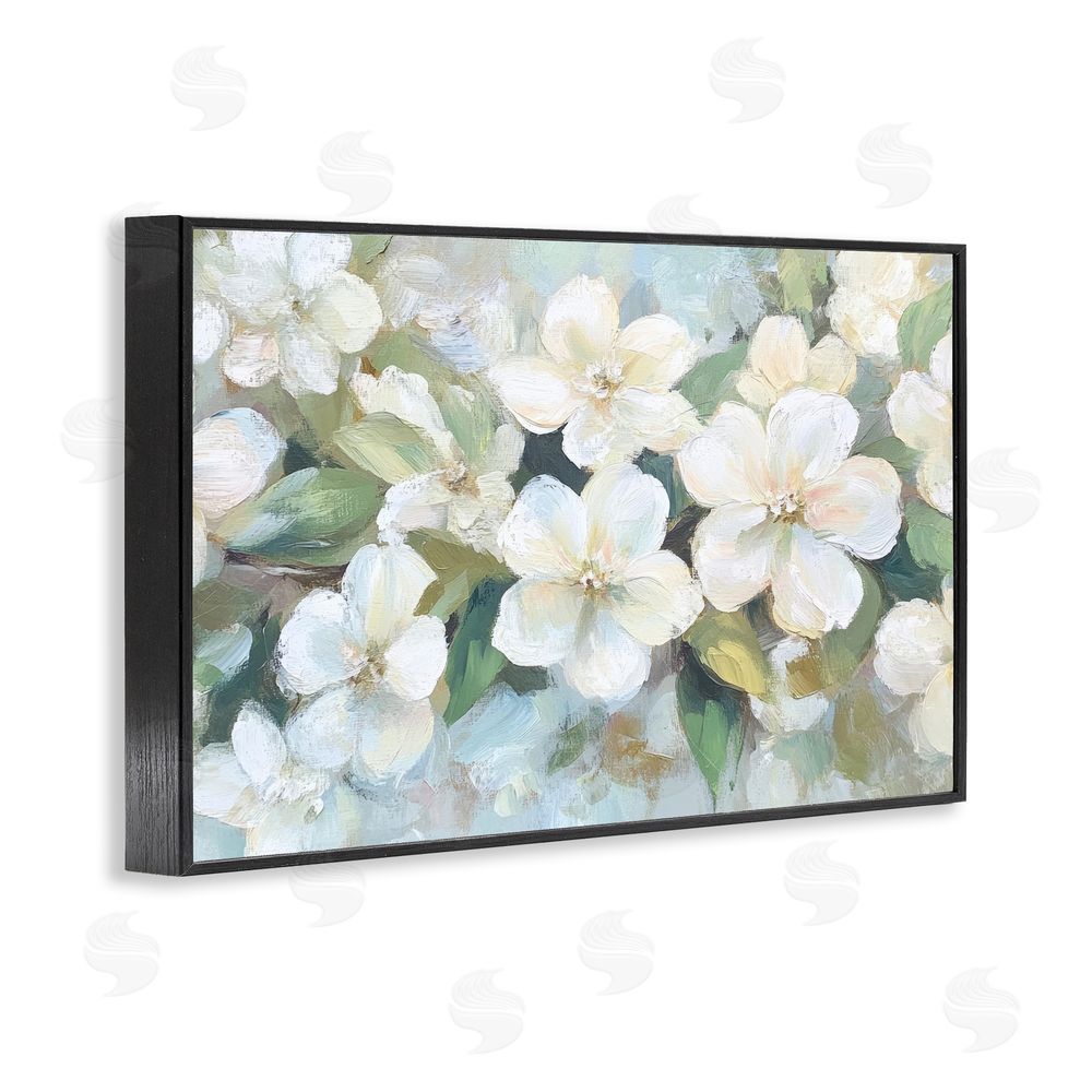 Petal Prints Design Painted White Flowers in Leaves Black Framed Giclee Wall Art