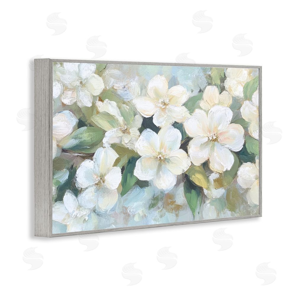 Petal Prints Design Painted White Flowers in Leaves Gray Framed Giclee Wall Art