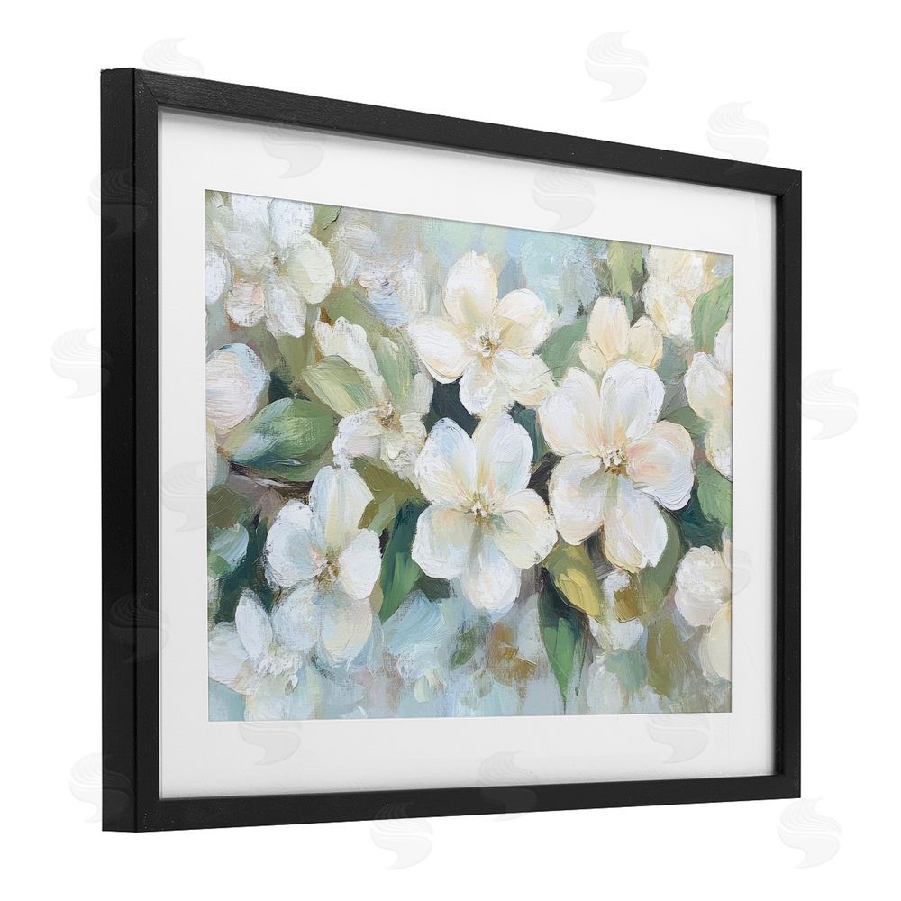 Petal Prints Design Painted White Flowers in Leaves Black Framed Print Under Glass Wall Art