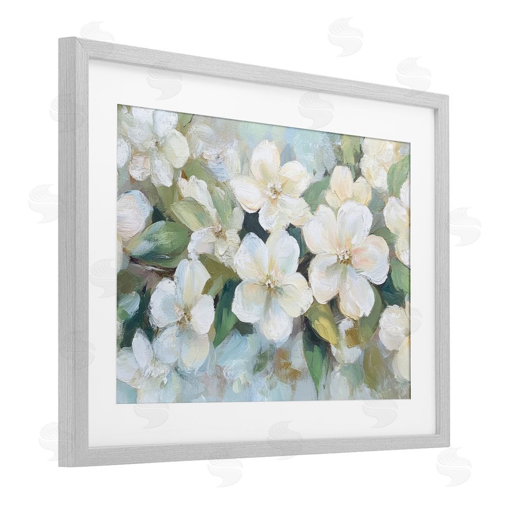 Petal Prints Design Painted White Flowers in Leaves Gray Framed Print Under Glass Wall Art