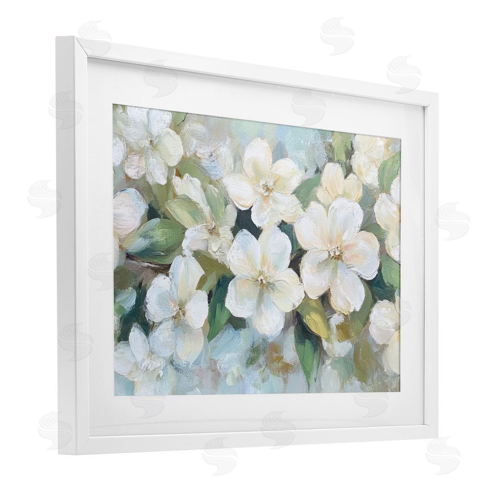 Petal Prints Design Painted White Flowers in Leaves White Framed Print Under Glass Wall Art