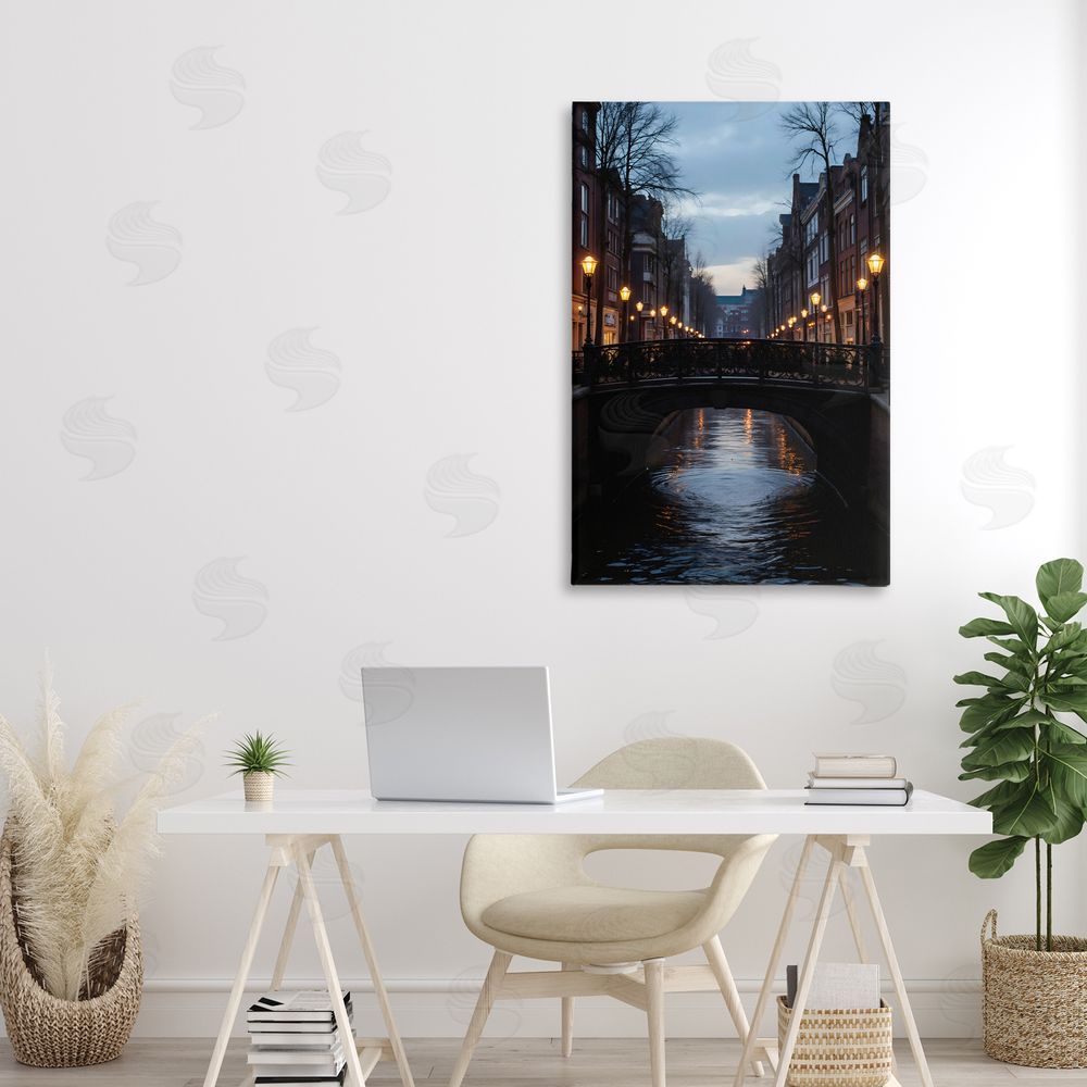 Creative Studio Lantern Light over Quiet Canal Stretched Canvas Wall Art in Room