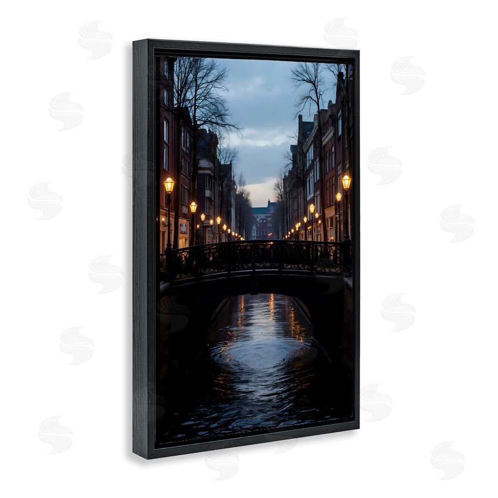 Creative Studio Lantern Light over Quiet Canal Black Floating Framed Canvas Wall Art