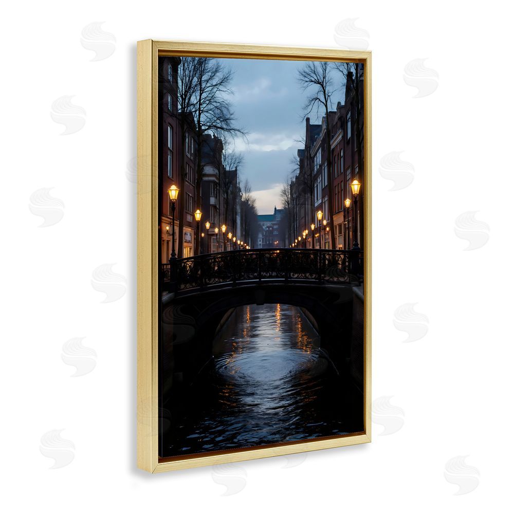 Creative Studio Lantern Light over Quiet Canal Gold Floating Framed Canvas Wall Art