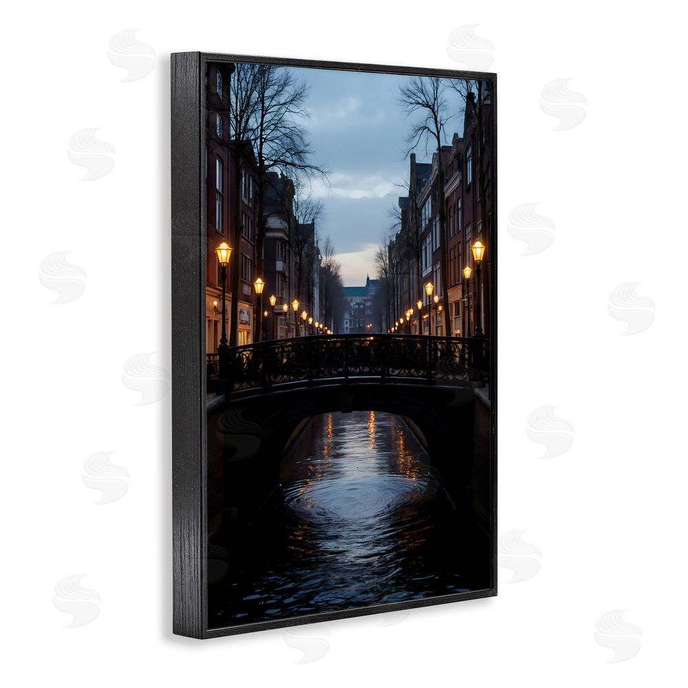 Creative Studio Lantern Light over Quiet Canal Black Framed Giclee Wall Art