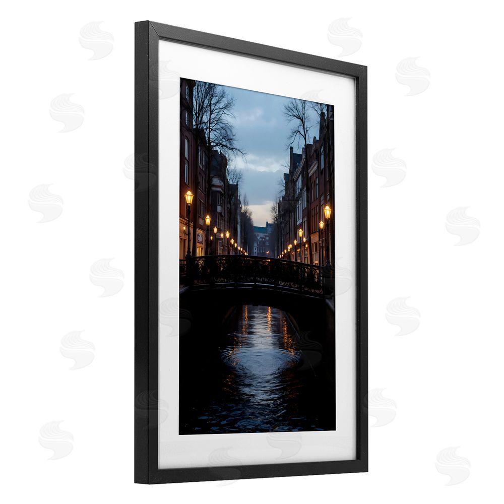 Creative Studio Lantern Light over Quiet Canal Black Framed Print Under Glass Wall Art