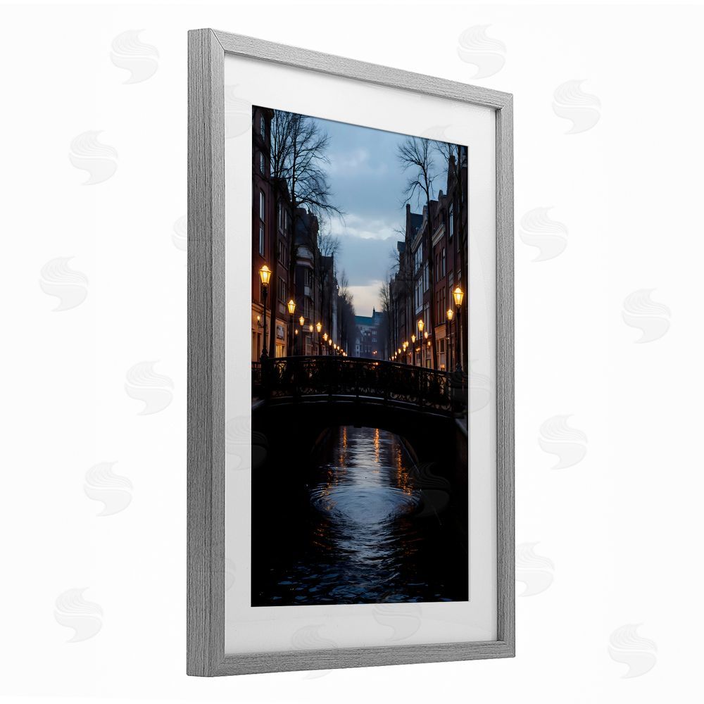 Creative Studio Lantern Light over Quiet Canal Gray Framed Print Under Glass Wall Art
