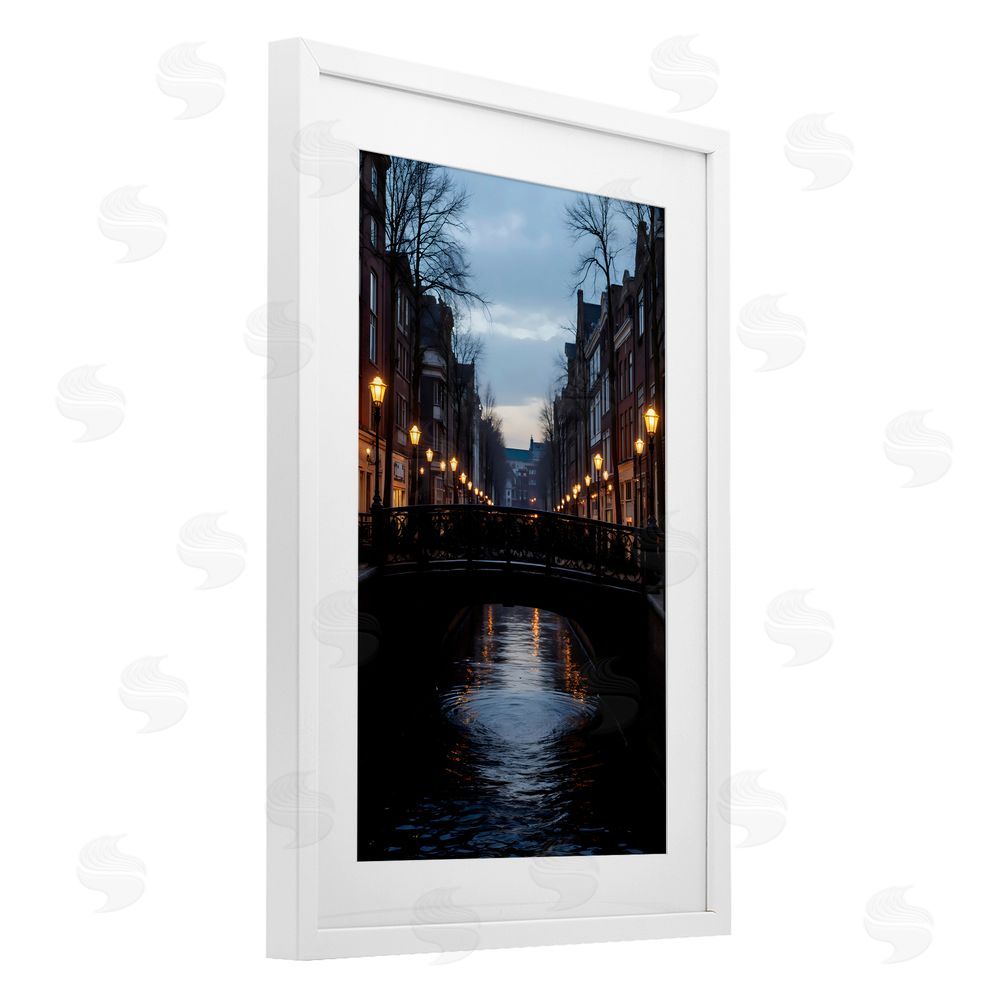 Creative Studio Lantern Light over Quiet Canal White Framed Print Under Glass Wall Art