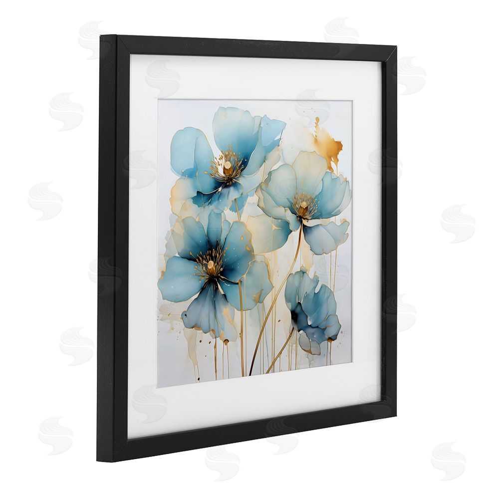 Creative Studio Sapphire and Gold Florals Black Framed Print Under Glass with White Mat Wall Art