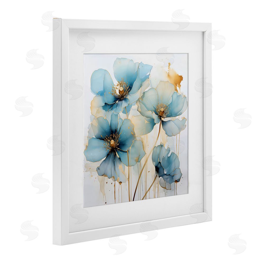 Creative Studio Sapphire and Gold Florals White Framed Print Under Glass with White Mat Wall Art