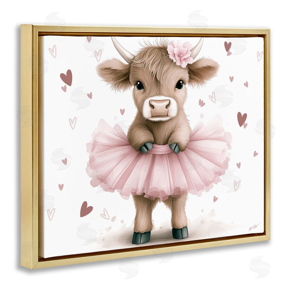 Whimsical Wonders Baby Calf with Tutu Gold Floating Frame Canvas Wall Art Print