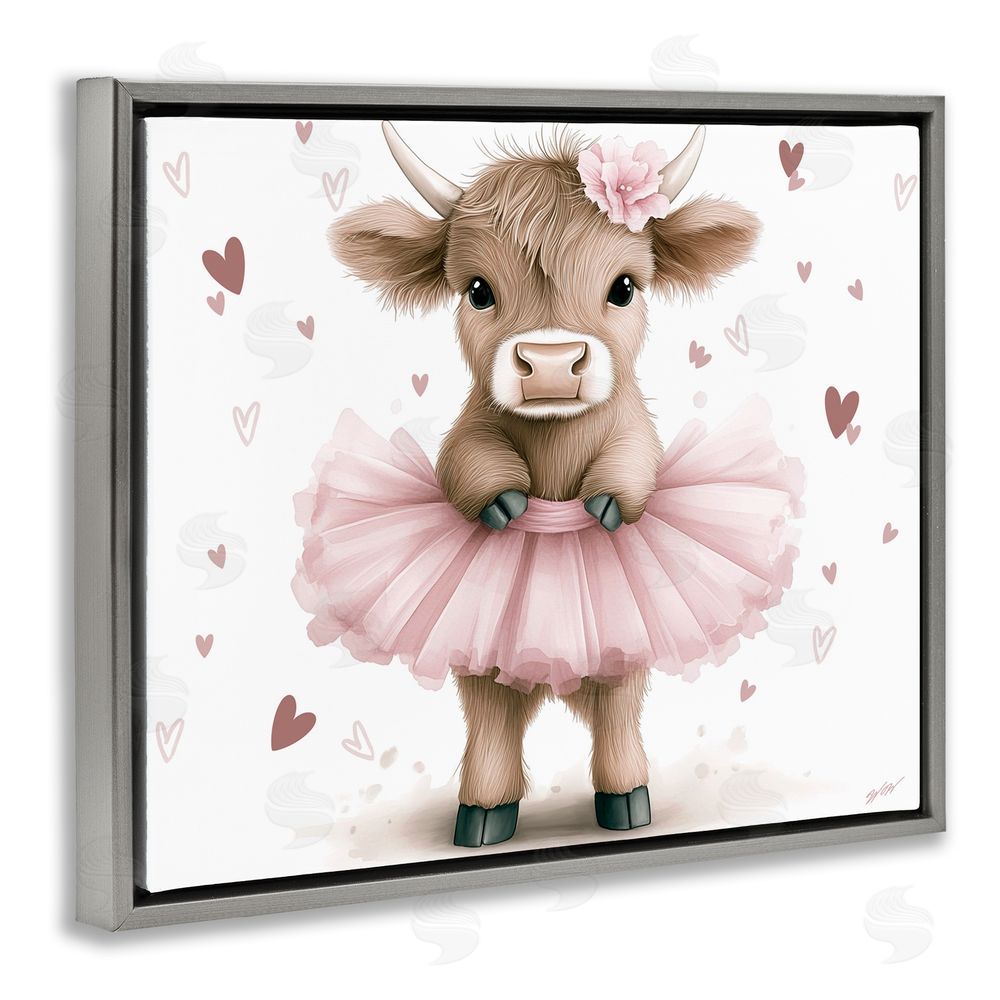 Whimsical Wonders Baby Calf with Tutu Gray Floating Frame Canvas Wall Art Print