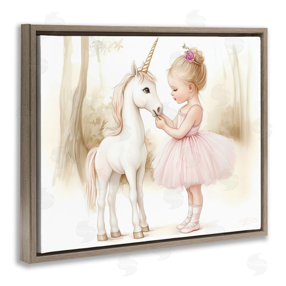 Whimsical Wonders Girl & Unicorn Friendship Brown Floating Frame Canvas Wall Art Print