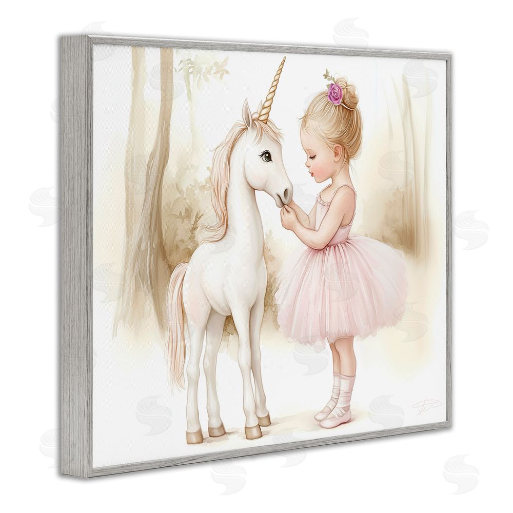 Whimsical Wonders Girl & Unicorn Friendship Gray Framed Giclee Wall Art Print
