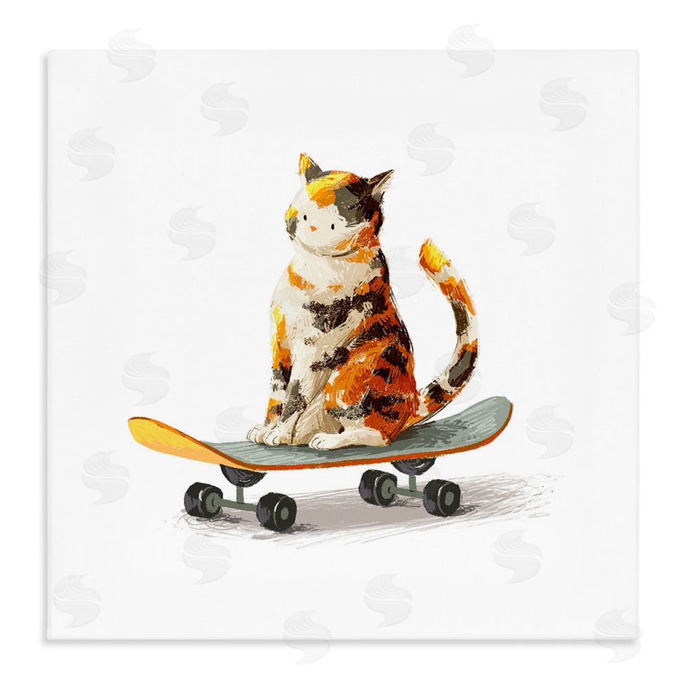 Ziwei Li Calico Cat on Skateboard Stretched Canvas Wall Art Print
