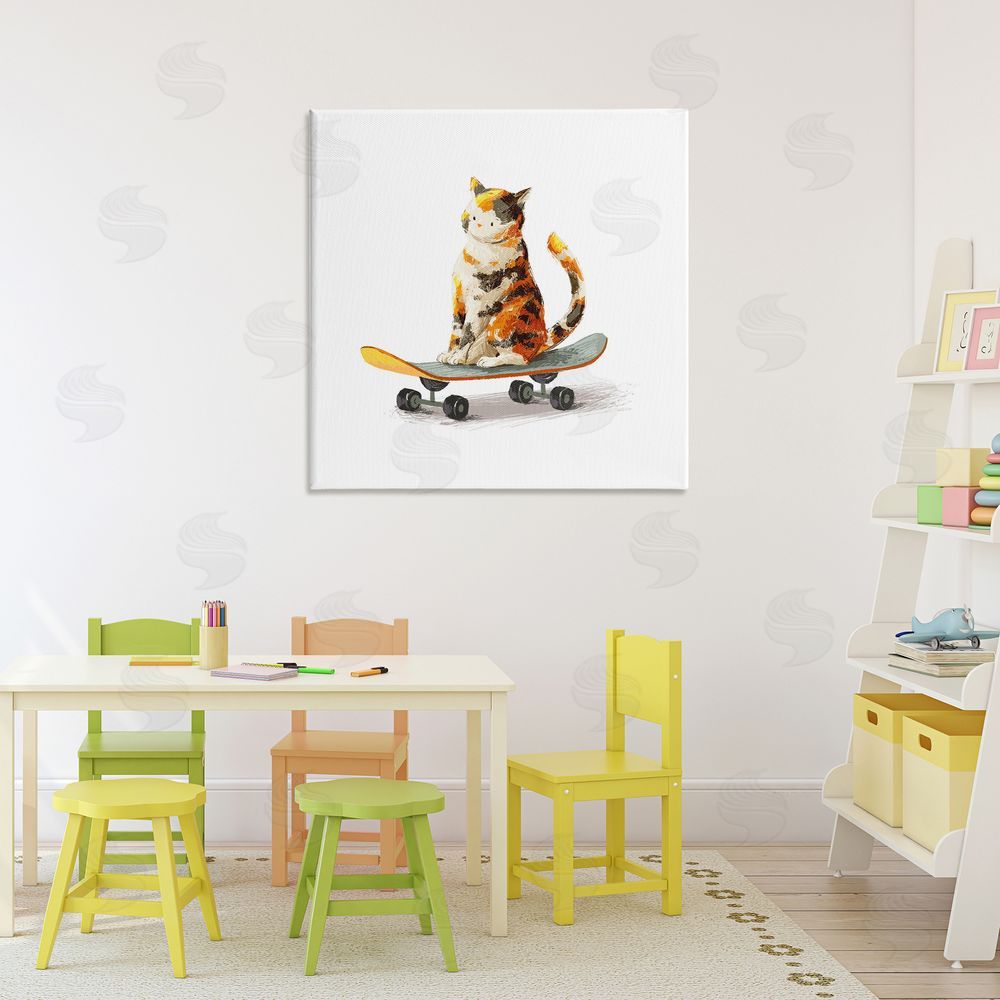 Ziwei Li Calico Cat on Skateboard Stretched Canvas Wall Art Print in Room