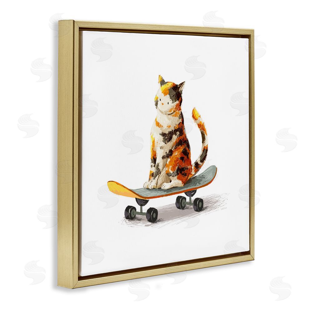 Ziwei Li Calico Cat on Skateboard Gold Floating Frame Stretched Canvas Wall Art Print