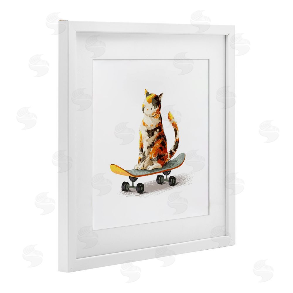 Ziwei Li Calico Cat on Skateboard White Framed Print Under Glass with Matting Wall Art