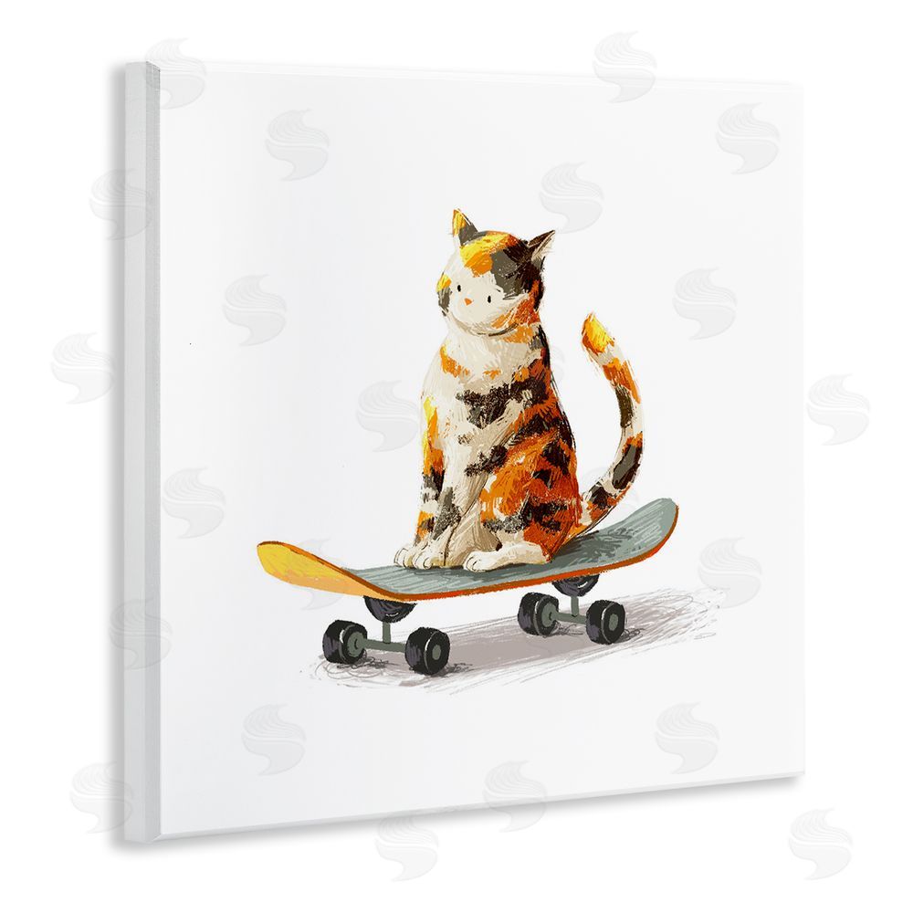 Ziwei Li Calico Cat on Skateboard Wall Plaque Art Print with White Foil Wrap