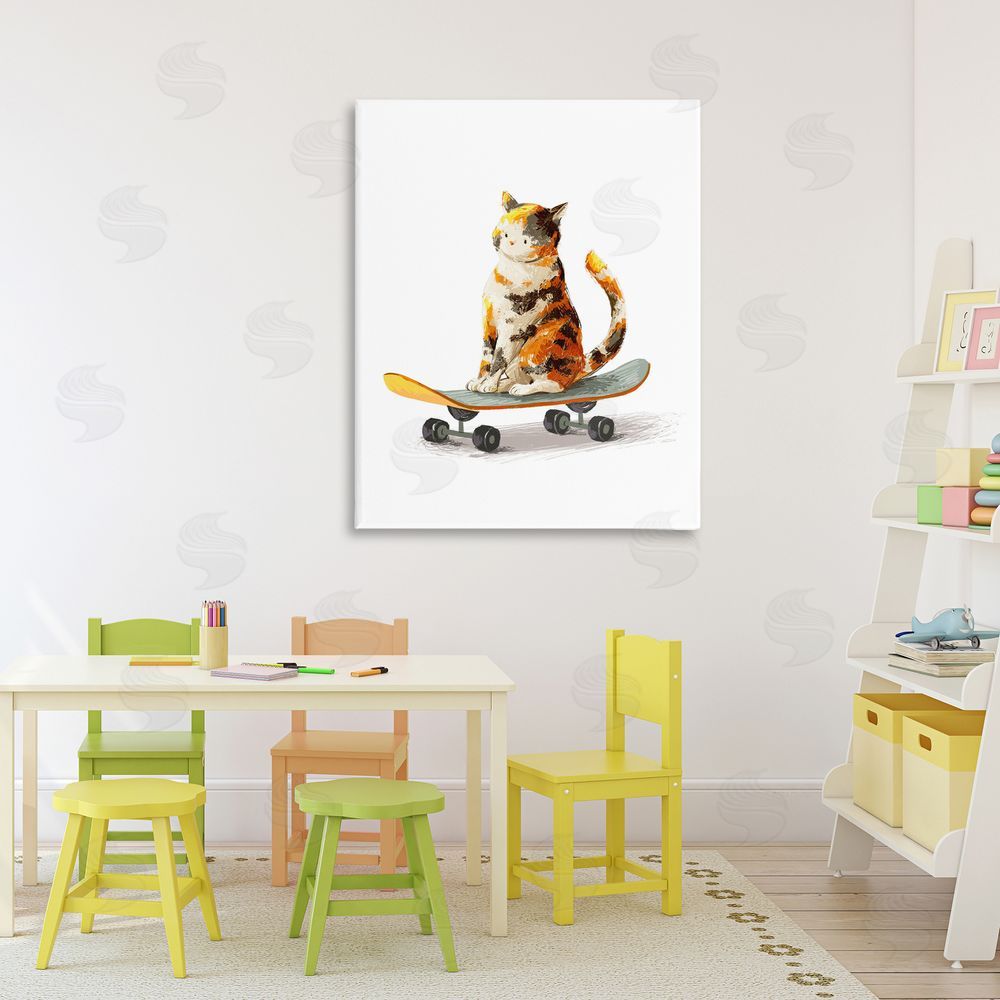 Ziwei Li Calico Cat on a Skateboard Stretched Canvas Wall Art Print in Room