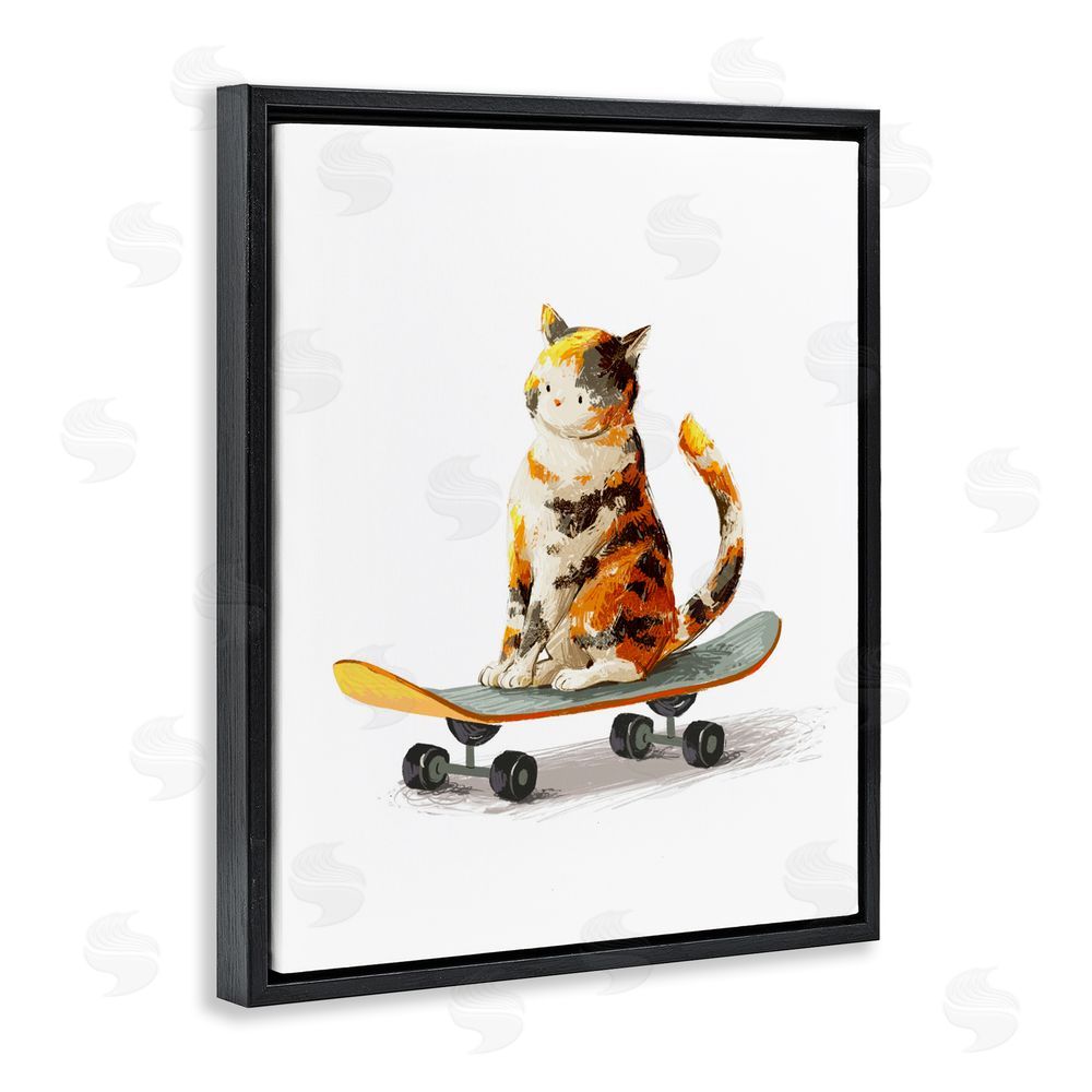 Ziwei Li Calico Cat on a Skateboard Black Floating Frame Stretched Canvas Wall Art Print