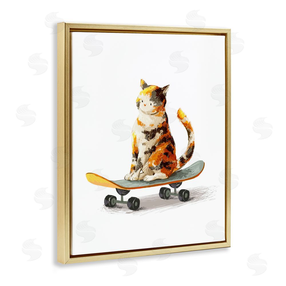 Ziwei Li Calico Cat on a Skateboard Gold Floating Frame Stretched Canvas Wall Art Print
