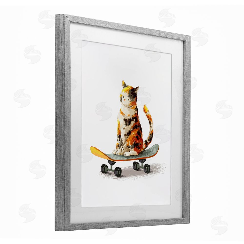 Ziwei Li Calico Cat on a Skateboard Gray Framed Print Under Glass with Matting Wall Art