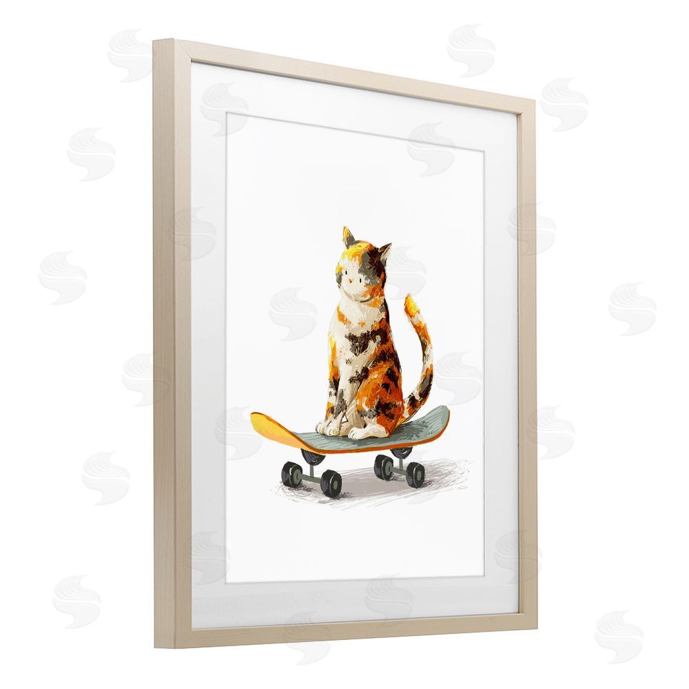 Ziwei Li Calico Cat on a Skateboard Brown Framed Print Under Glass with Matting Wall Art
