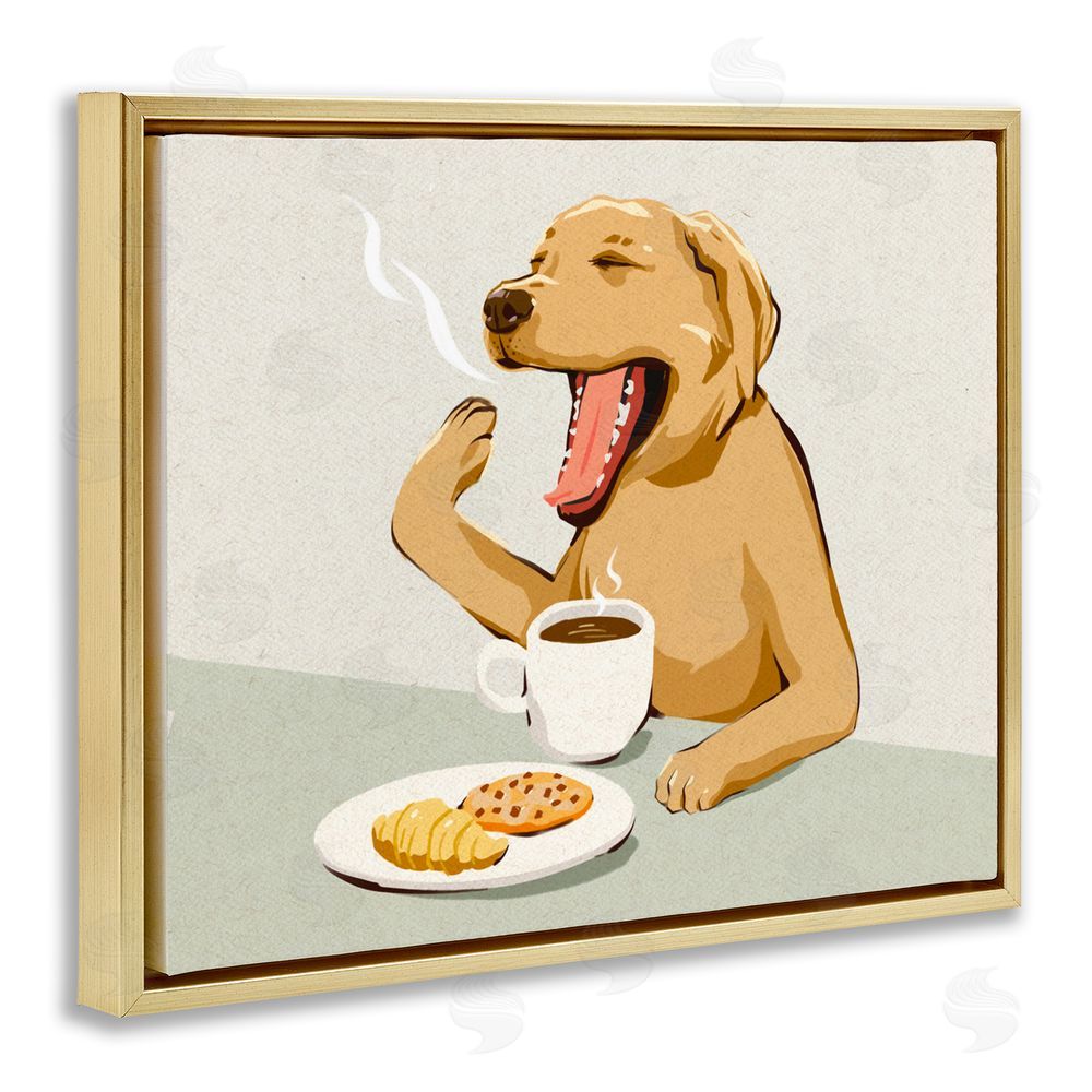 Ziwei Li Yawning Dog with Morning Coffee Gold Floating Framed Canvas Wall Art Print
