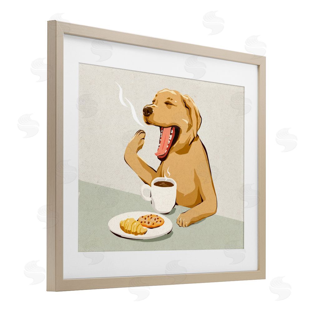 Ziwei Li Yawning Dog with Morning Coffee Brown Framed Print Under Glass with White Mat Wall Art