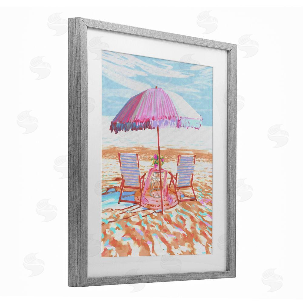Ziwei Li Seaside Summer Picnic For Two Gray Framed Print Under Glass with White Mat Wall Art