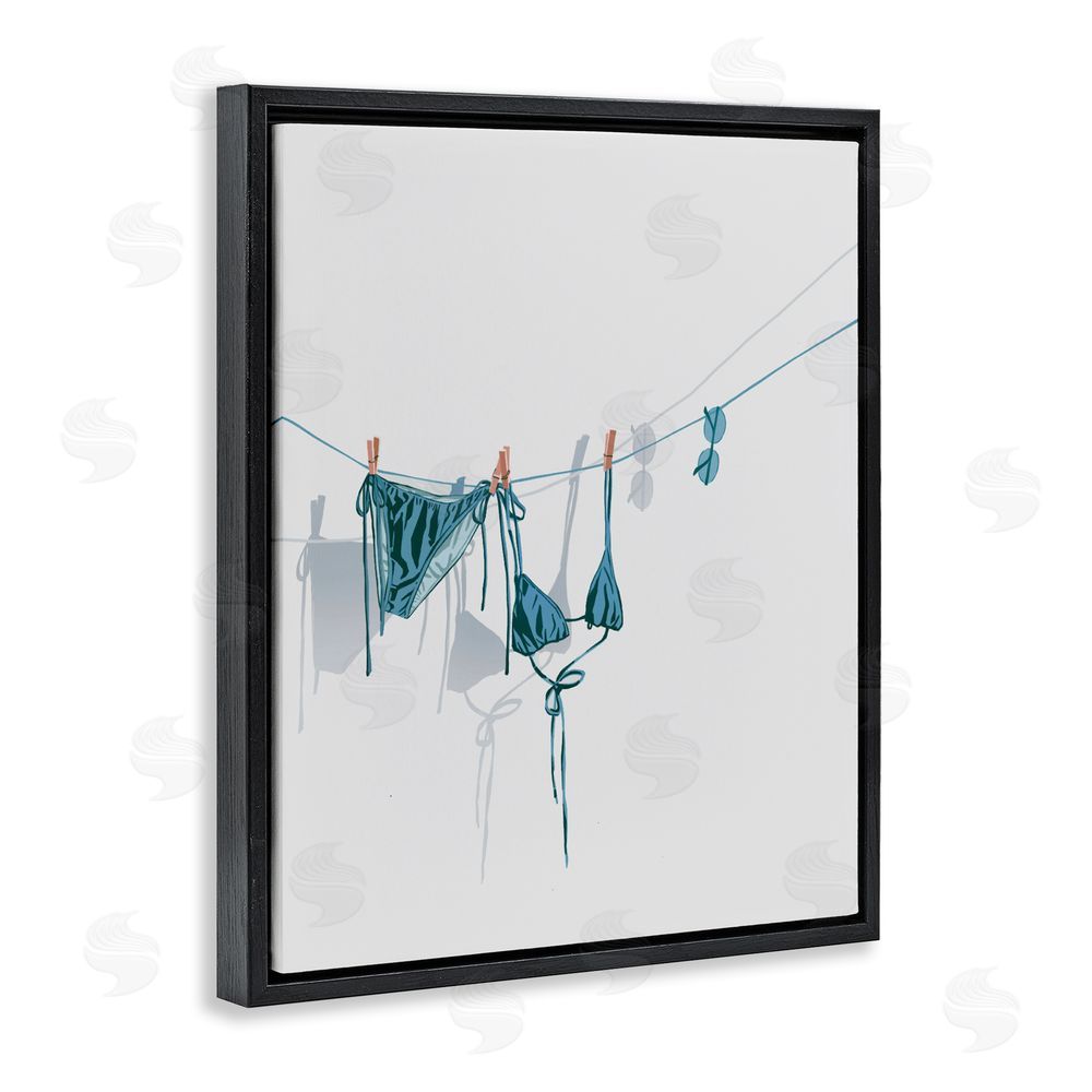 Ziwei Li Teal Bikini on Clothesline Black Floating Framed Canvas Wall Art Print