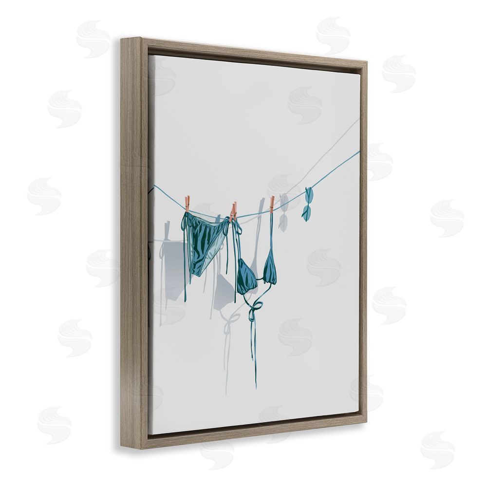 Ziwei Li Teal Bikini on Clothesline Brown Floating Framed Canvas Wall Art Print