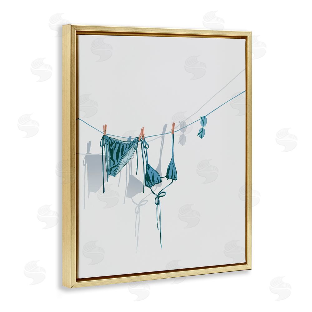 Ziwei Li Teal Bikini on Clothesline Gold Floating Framed Canvas Wall Art Print