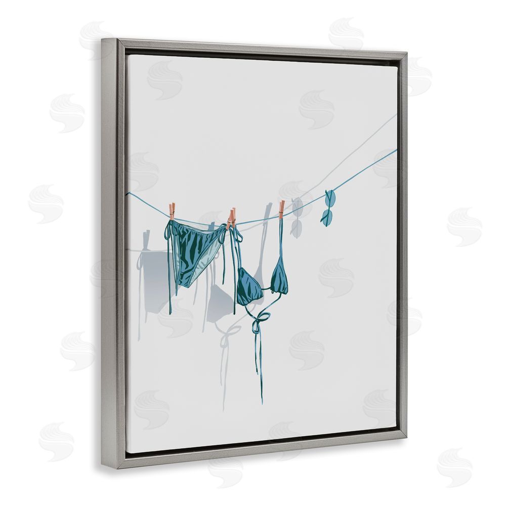 Ziwei Li Teal Bikini on Clothesline Gray Floating Framed Canvas Wall Art Print