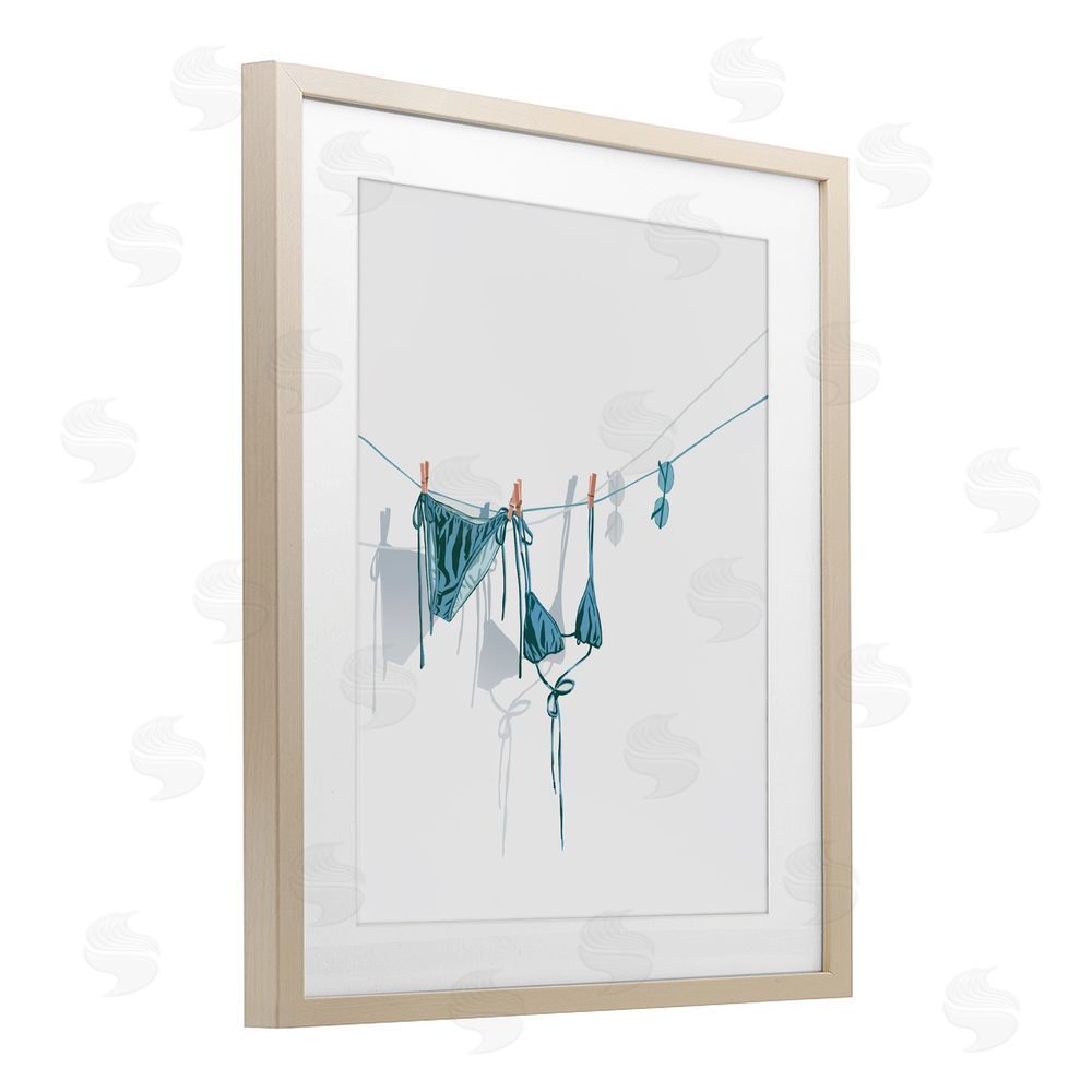 Ziwei Li Teal Bikini on Clothesline Brown Framed Print Under Glass with White Mat Wall Art