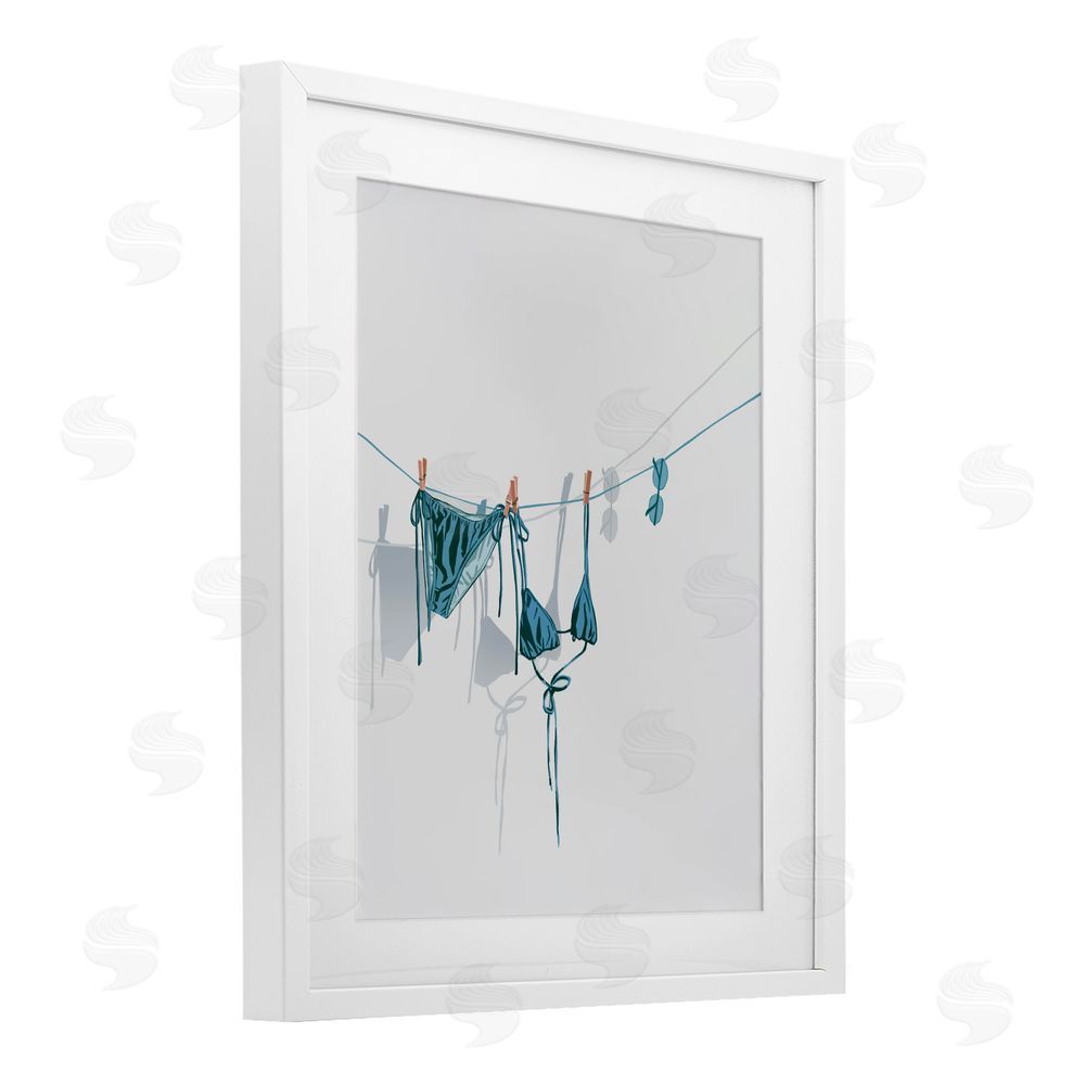 Ziwei Li Teal Bikini on Clothesline White Framed Print Under Glass with White Mat Wall Art