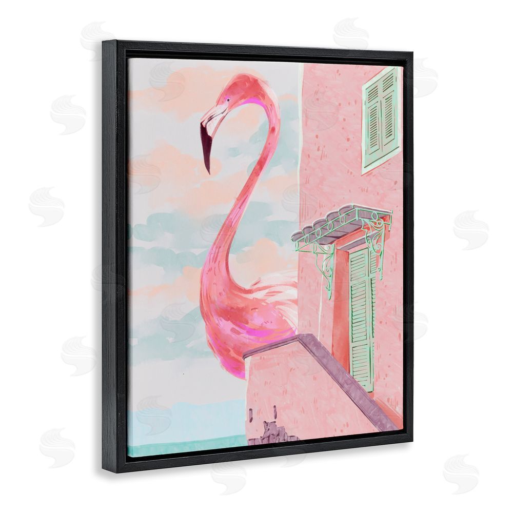 Ziwei Li Giant Flamingo with Seaside Balcony Black Floating Framed Canvas Wall Art