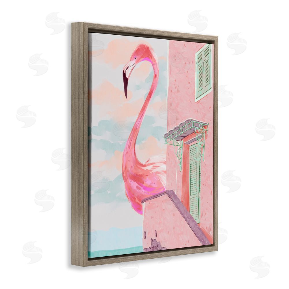 Ziwei Li Giant Flamingo with Seaside Balcony Brown Floating Framed Canvas Wall Art