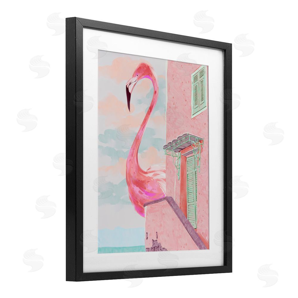 Ziwei Li Giant Flamingo with Seaside Balcony Black Framed Print Under Glass Wall Art
