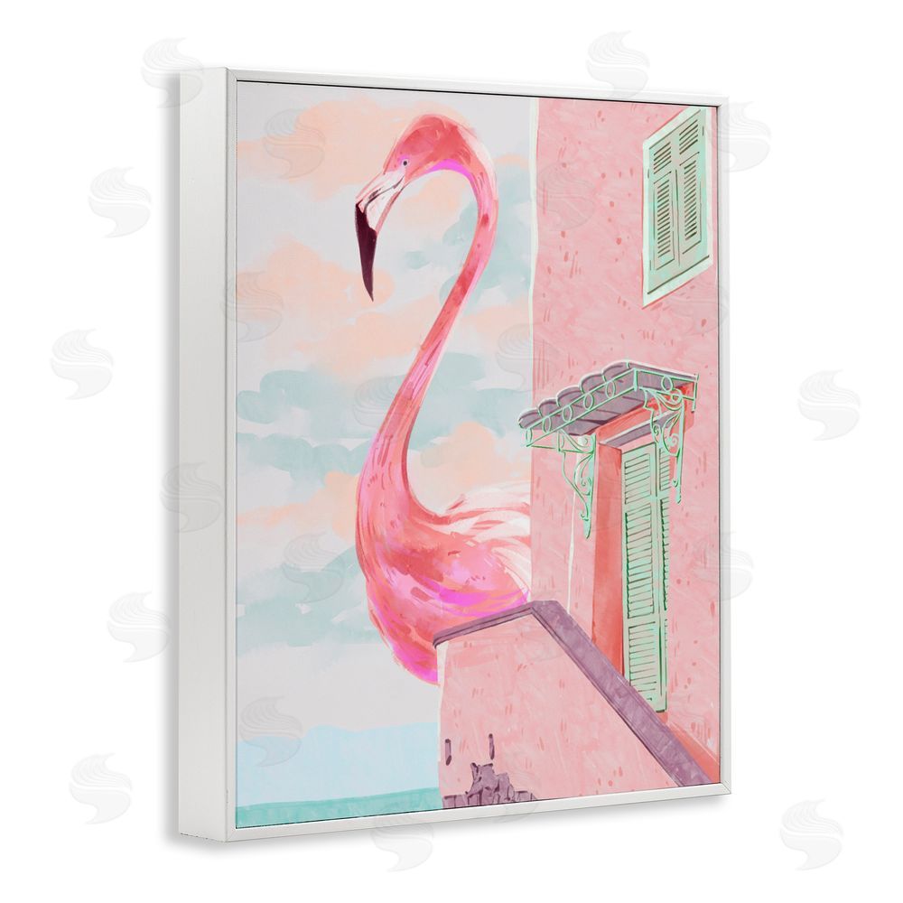 Ziwei Li Giant Flamingo with Seaside Balcony White Framed Giclee Wall Art
